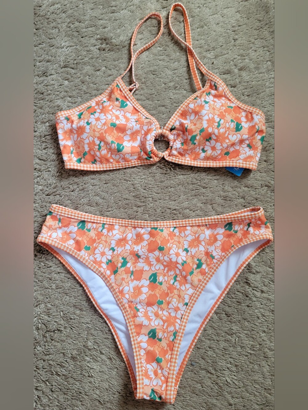 Orange Floral Ring-Front Bikini Set